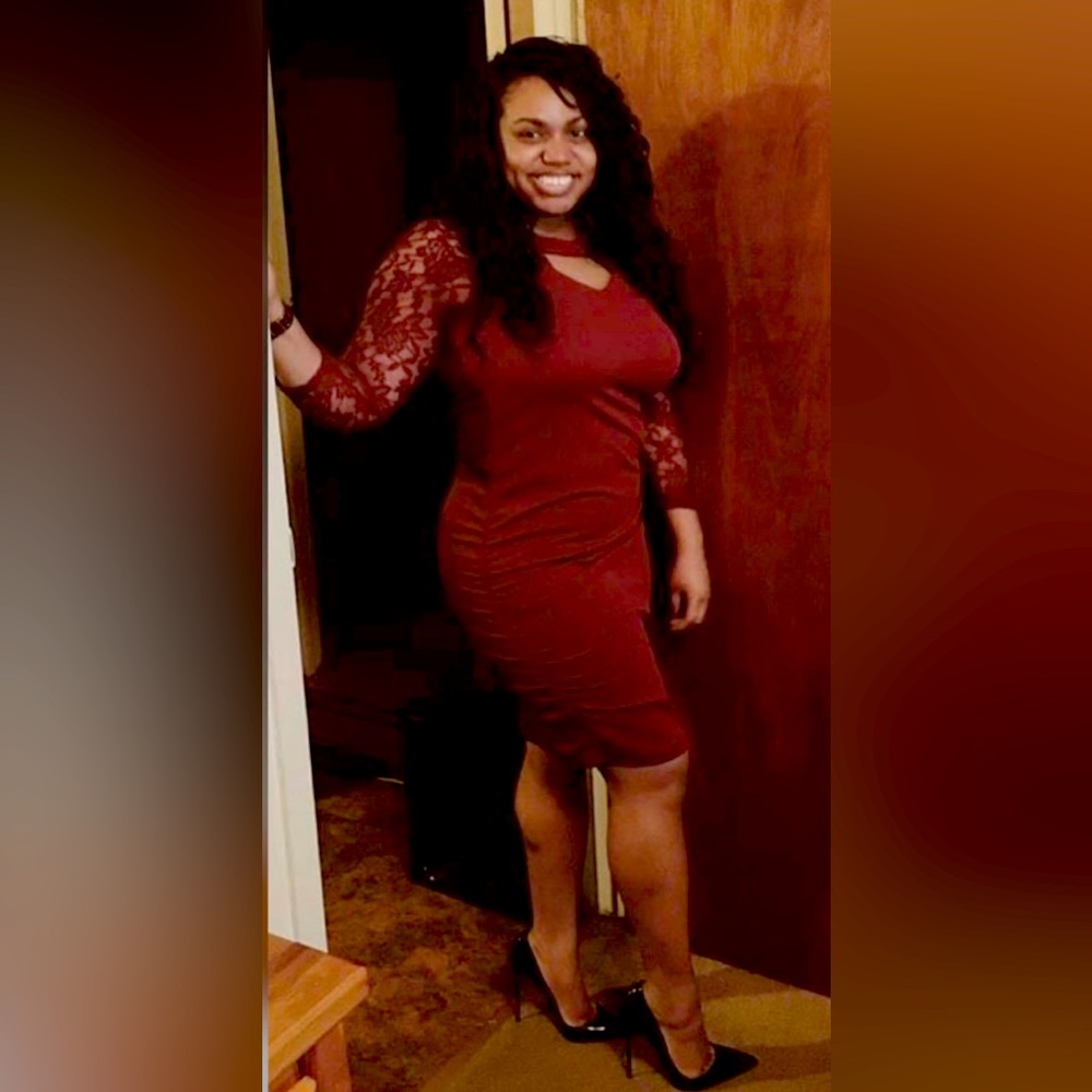 Wine colored Midi dress. Sexy, elegant, comfortable, pretty. Heels not included.